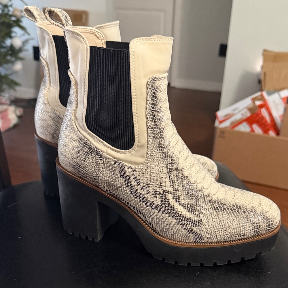 Chinese Laundry Snakeskin Cream and Black Heeled Boots